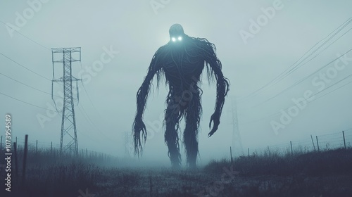 A giant humanoid creature with long arms from which roots grow, and a tree walking across a misty field. photo