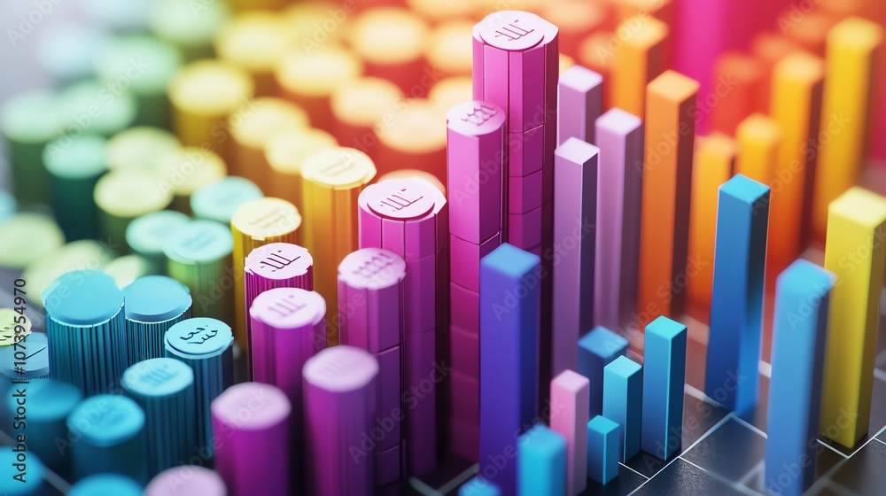 Obraz premium Colorful 3D bar chart representing data analysis and financial growth.