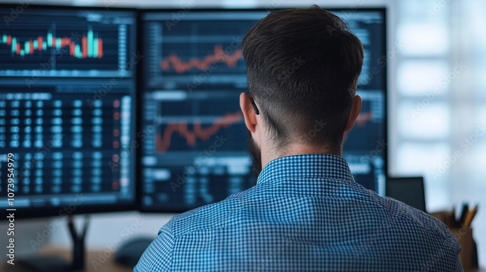 A professional analyzing stock market data on multiple computer screens. A professional analyzing stock market data on multiple computer screens.