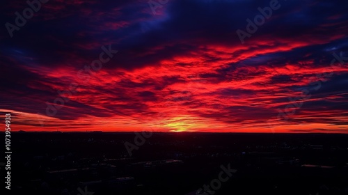 Beautiful colorful sunset sky with dramatic clouds and sun rays , view from above.