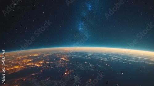 Obraz na płótnie Beautiful milky way galaxy on the starry sky above the planet earth, view from stratosphere --ar 16:9 --style raw --v 6.1 Job ID: 77fdf8b7-09aa-4af0-a677-b56fe3b31f46 w salonie