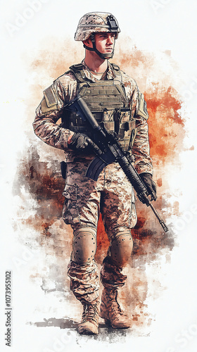  military soldier 2d illustration png army banner graphic design painting artistic artwork sergeant on white background war peace army member watercolor painting full body camouflage military uniform