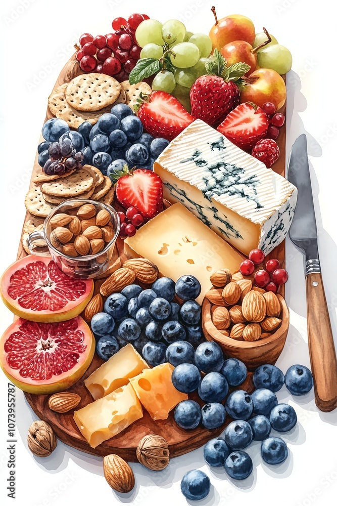 Colorful cheese board with fruits, nuts, and crackers. Perfect for parties and gatherings. Colorful cheese board with fruits, nuts, and crackers. Perfect for parties and gatherings.
