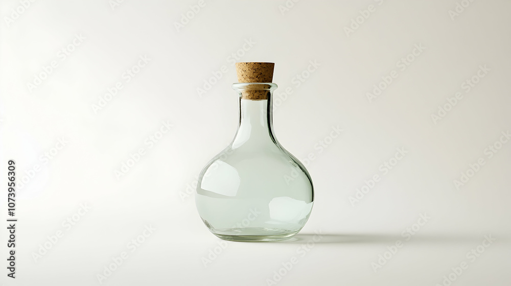 Clear glass bottle of olive oil with cork top on a simple white background, perfect for product photography
