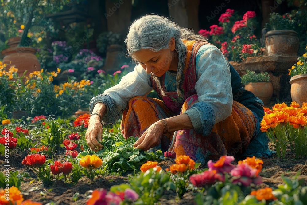 Elderly woman taking care of a vegetable garden, planting seeds with meticulous care, enjoying the process, surrounded by green plants Elderly woman taking care of a vegetable garden, planting seeds with meticulous care, enjoying the process, surrounded by green plants