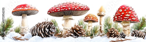 Colorful fly agaric mushrooms surrounded by snow and pinecones in a winter setting.