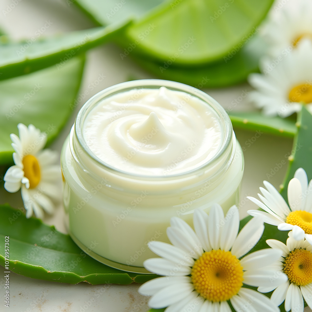 Moisturizing aloe vera and chamomile cream in a glass jar surrounded by fresh leaves and flowers Moisturizing aloe vera and chamomile cream in a glass jar surrounded by fresh leaves and flowers