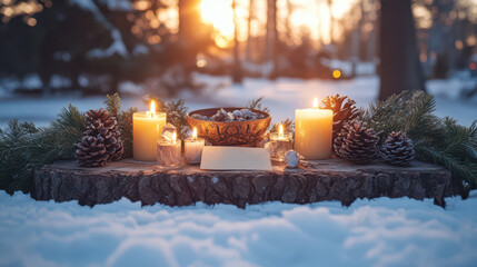 A serene winter solstice altar adorned with candles and natural elements for meditation and renewal