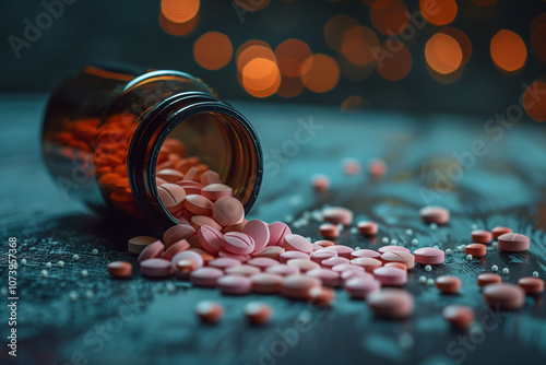 Spilled medical pink pills from from an open prescription pill bottle, medication overuse concept photo