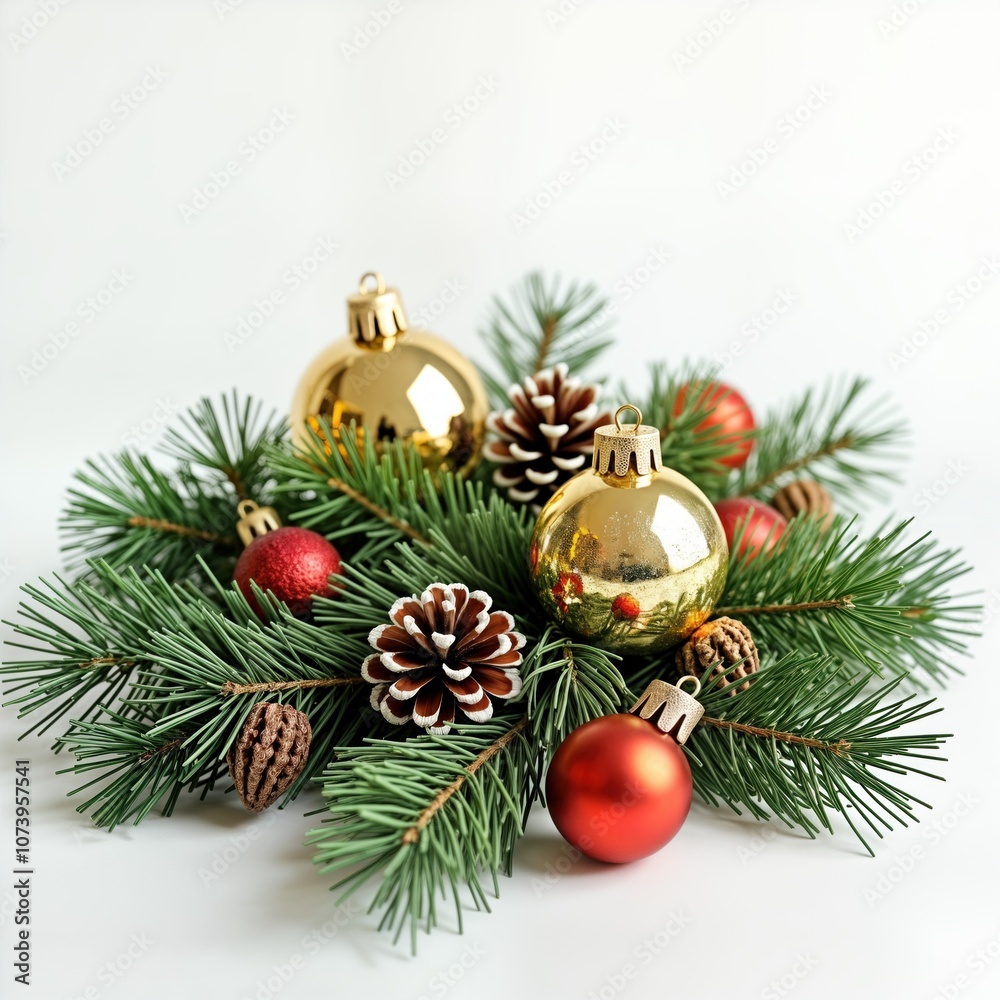 Fir tree branches decorated with golden and red baubles, pine cones. Christmas ornament composition. Holiday decor on white background. Winter season greeting card. New Year celebration.