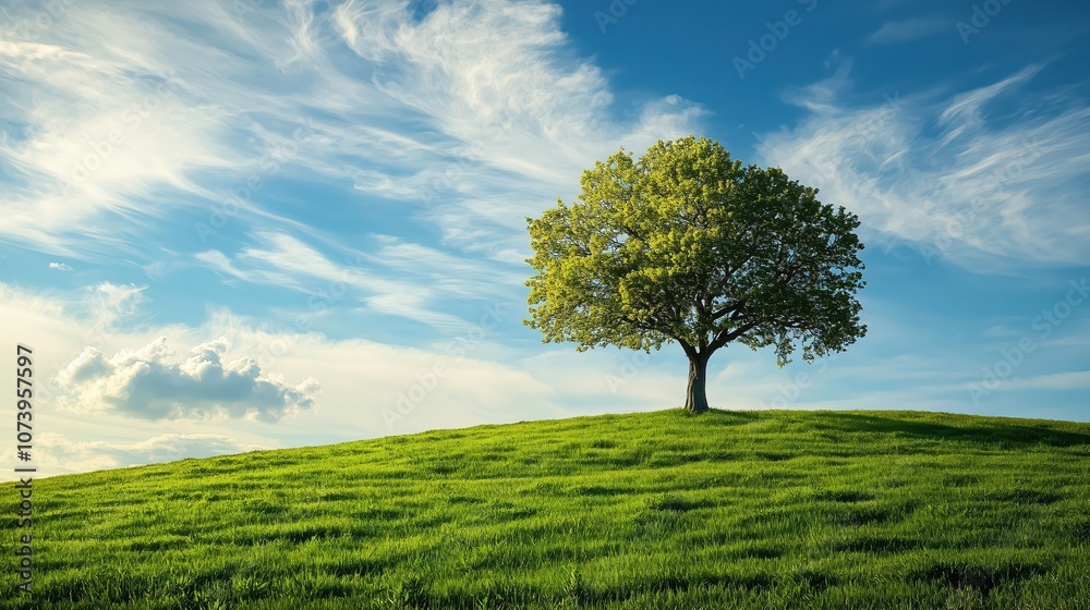 Solitary Tree on Green Hill Under Blue Sky with Whispy Clouds: Breathtaking Landscape Capturing Serene Natural Beauty and Tranquility Solitary Tree on Green Hill Under Blue Sky with Whispy Clouds: Breathtaking Landscape Capturing Serene Natural Beauty and Tranquility