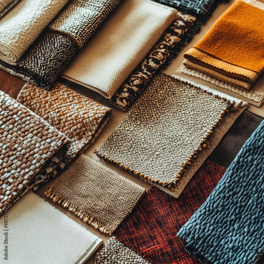 Fototapeta premium Overhead view of a textile pattern mockup featuring various fabric samples in warm, rich colors, with high-resolution detail and an artistic, curated aesthetic.