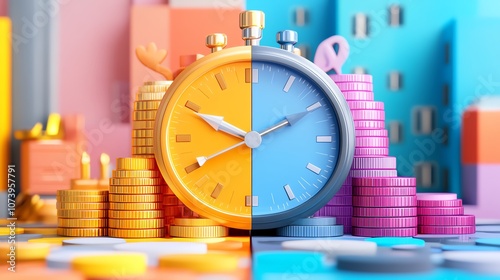 Colorful stopwatch and coins symbolize time management and financial planning concepts.
