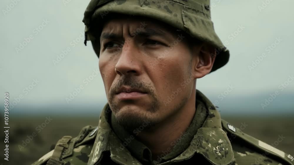 Soldier closing and opening eyes with hope Soldier closing and opening eyes with hope