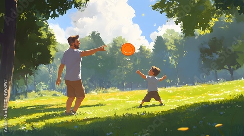 A father playing Frisbee with his child in a sunny park