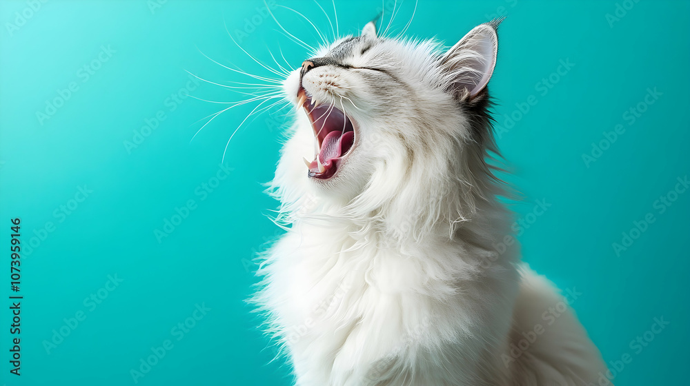 Fluffy cat on a bright aqua background, capturing emotions in animal photography Fluffy cat on a bright aqua background, capturing emotions in animal photography