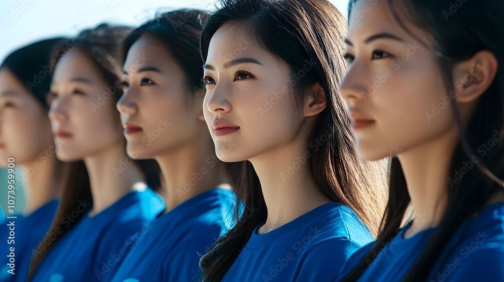 A group of Asian women in blue shorts standing next to A group of Asian women in blue shorts standing next to