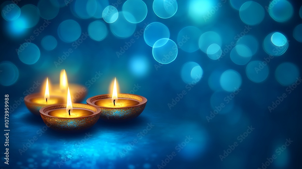 Three lit diyas (oil lamps) on a blue background with bokeh. Three lit diyas (oil lamps) on a blue background with bokeh.