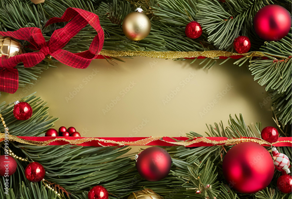 Red Plaid Christmas Background with Green Pine and Ornaments
Red Plaid Christmas Background with Green Pine and Ornaments