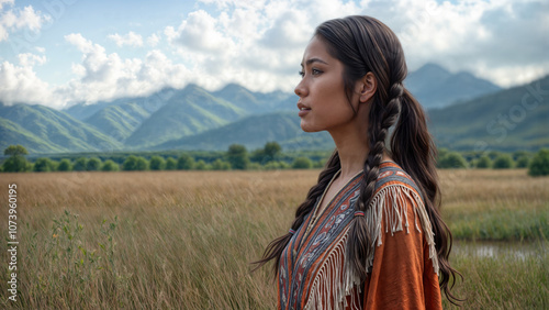 Wallpaper Mural An indigenous American Indian woman in traditional dress posing in profile with an open prairie behind her. Mountains and a field of grass. Trees along the horizon. Torontodigital.ca