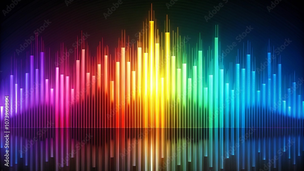 A digital image of podcast audio levels visualized as colorful bars fluctuating in real-time, representing different voices and sounds