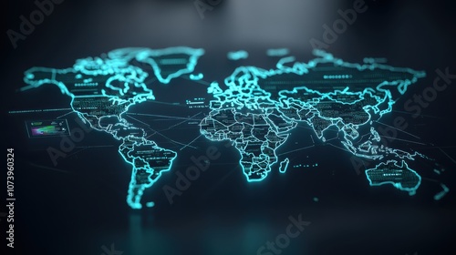 A digital map of the world illuminated in teal against a dark background, showcasing a modern, futuristic design.