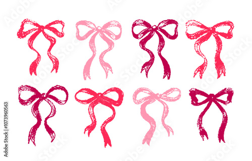 Bow ribbon vector. Pink gift bows icon set. Cute tie. Girly crayon graphic. Vintage present ribbon for Christmas, Birthday. Cute red pink simple drawing. Set of butterfly. Chalk silhouette illustratio
