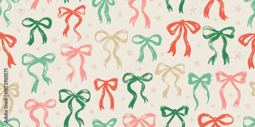 Bow pattern. Christmas seamless vintage ribbon vector illustration. Gift drawing, cute present crayon design. Colorful doodle hand drawn bow pattern. Seamless ribbon print background. Pink silhouette