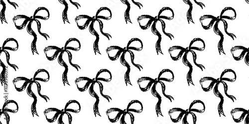 Bow ribbon pattern seamless. Vector print with white and black Christmas background. Cute crayon bows. Simple charcoal small trendy ribbon for Birthday, Christmas, Halloween. Basic doodle knot pattern