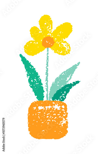 Flower in pot kid style. Vector of child cartoon. Crayon spring flower on isolated background.  Cute plant art, children pencil, baby pastel, chalk. Childish spring and summer garden draw 
