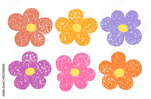 Crayon flower. Chalk pastel child drawing flower. Kid crayon pencil. Color spring daisy. Doodle hand drawn vector. Cute art, childish floral pattern background. Wax pastel sketch. Baby spring vector