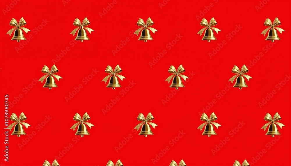 Festive wrapping paper background featuring bright red with a repeating pattern of gold bells and ribbons, classic and cheerful