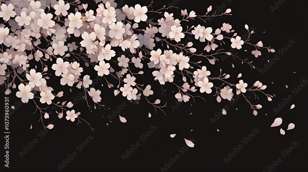 Fototapeta premium anime cherry blossom branch, pink flowers, dark background, aesthetic wallpaper