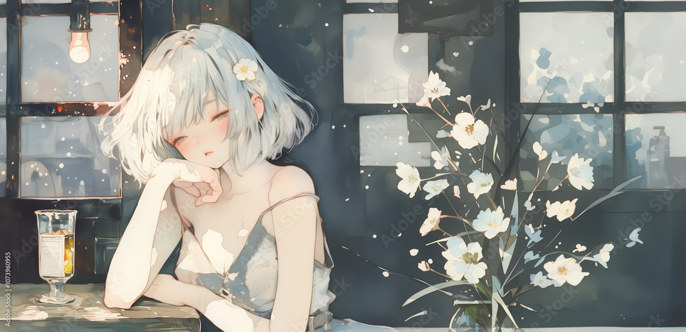 Obraz premium お酒を嗜む女の子。イラスト。水彩画