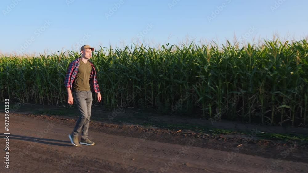 A farmer walks down a rural dirt road past a cornfield A farmer walks down a rural dirt road past a cornfield