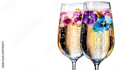 Elegant champagne flutes with colorful flowers in sparkling fizz.