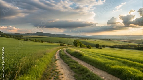 Dirt road winding through green fields at sunset