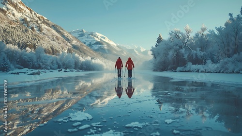 Two women gracefully gliding on clear, smooth ice at Rabbit Creek Lake, surrounded by snow-dusted trees and distant mountains, with their reflections visible on the crystal-clear ice. photo