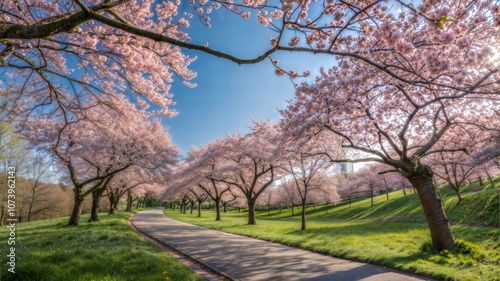 Cherry blossom trees lining path under blue sky