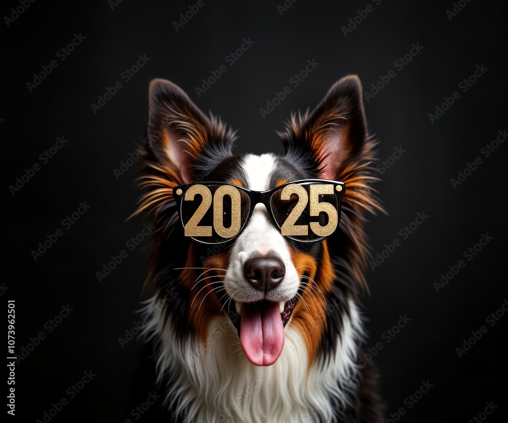 Fototapeta premium Border Collie dog wears funny party glasses with numbers 2025 on black background. Pet smiles, peeks, celebrates New Year. Festive costume, canine mascot, happy holiday.