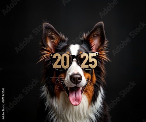 Border Collie dog wears funny party glasses with numbers 2025 on black background. Pet smiles, peeks, celebrates New Year. Festive costume, canine mascot, happy holiday. photo