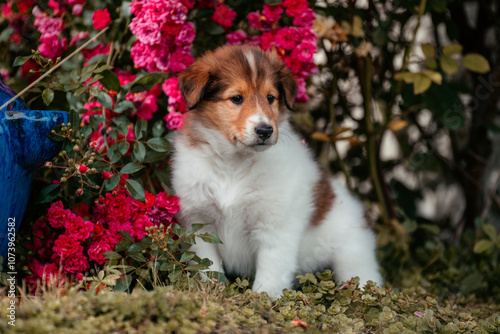 Collie mit Blumen photo