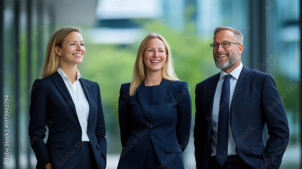 Business team of three professionals in formal suits standing outdoors and smiling. Business team of three professionals in formal suits standing outdoors and smiling.