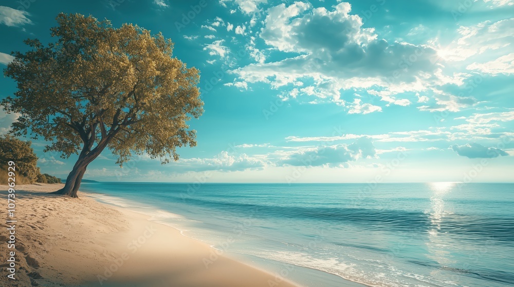 Idyllic Beach Scene with Serene Ocean Waves Under a Clear Blue Sky, Featuring a Lone Tree Idyllic Beach Scene with Serene Ocean Waves Under a Clear Blue Sky, Featuring a Lone Tree