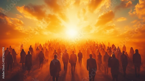 Silhouetted Crowd Walking Towards Bright Light in a Mysterious Sunset Scene Symbolizing Hope and Unity
