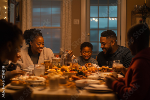 Happy Black Family Eating Thanksgiving Dinner Meal Together at Dining Room Table