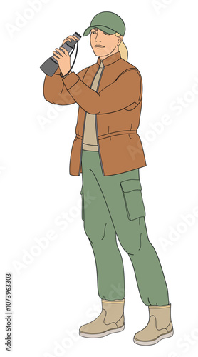 women birdwatching with spotting scope  in outdoor clothes