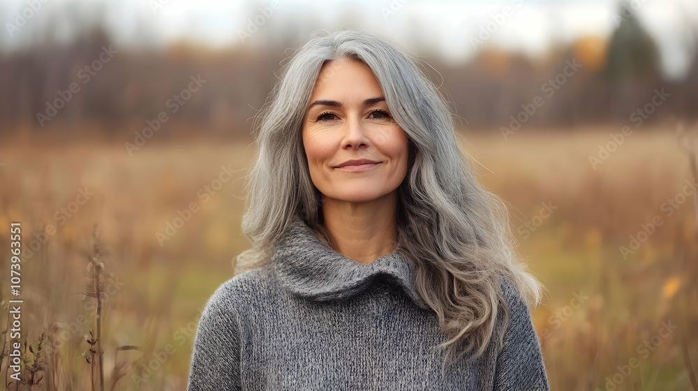 Satisfied woman in her 40s in a cozy sweater, standing in a field or meadow background Satisfied woman in her 40s in a cozy sweater, standing in a field or meadow background