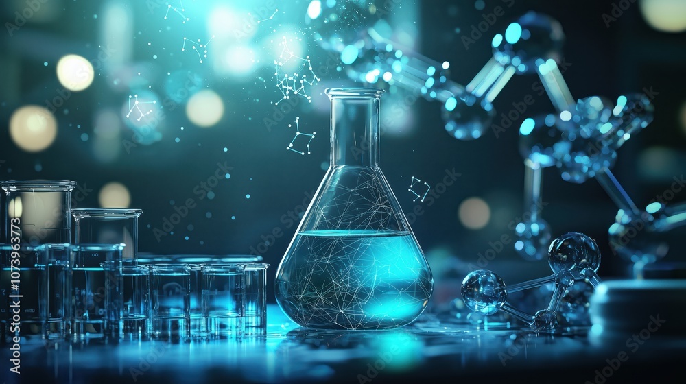 Futuristic Science Laboratory with Glowing Beakers and Molecular Model in Advanced Research Environment Futuristic Science Laboratory with Glowing Beakers and Molecular Model in Advanced Research Environment