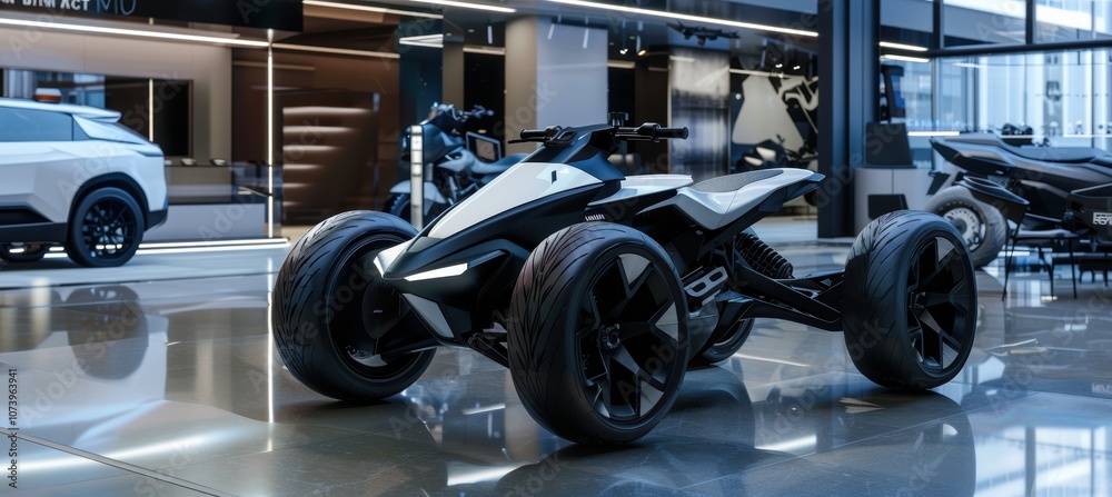 Fototapeta premium Futuristic Electric Quad Bike in Upscale Showroom Display with Advanced Technology